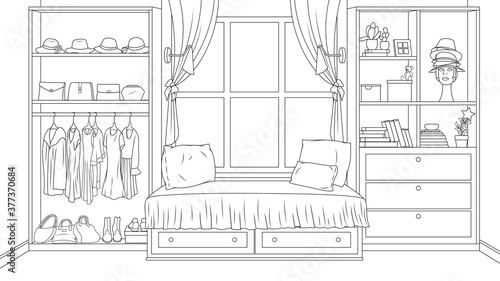 Vector illustration, interior of a cozy bedroom with furniture