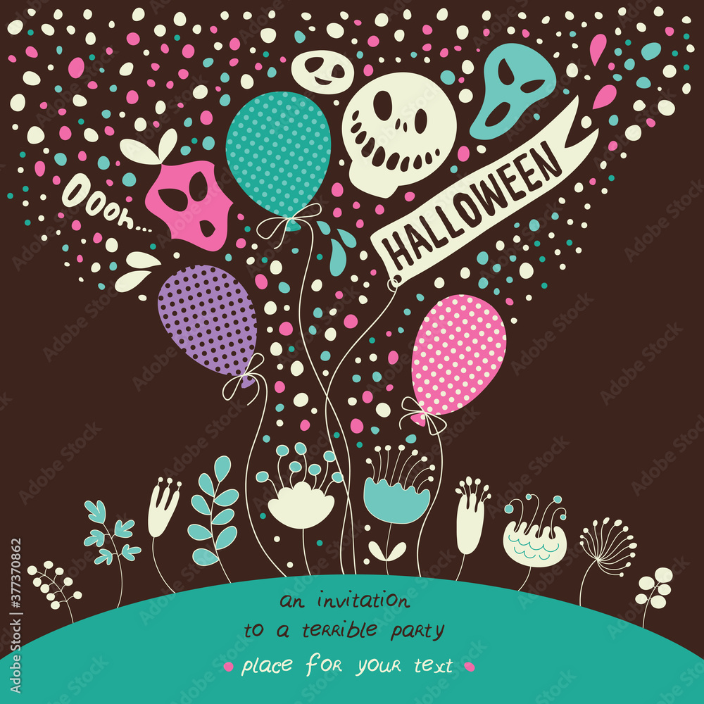 Fototapeta premium Happy Halloween. Festive poster with monsters, balloons and confetti.