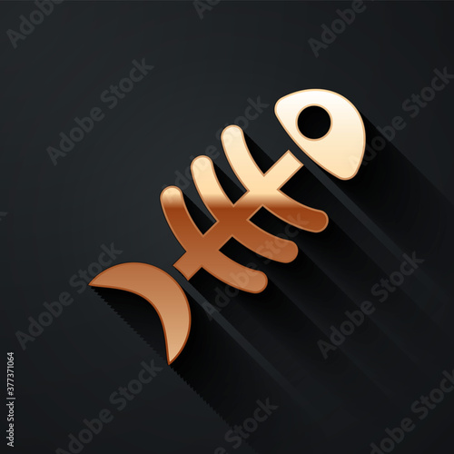 Gold Fish skeleton icon isolated on black background. Fish bone sign. Long shadow style. Vector.