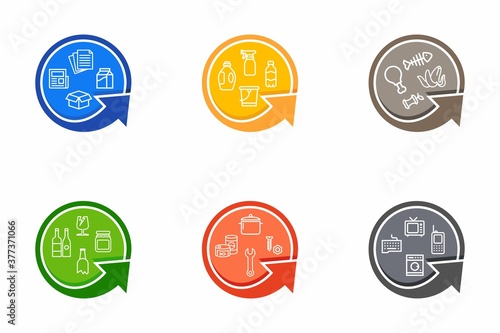 Different colored signs for separate recycling. Selective waste collection vector icon set. Recyclable materials for waste management labels.