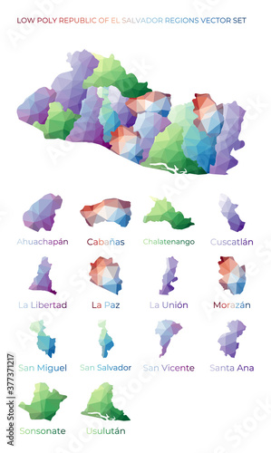 Salvadoran low poly regions. Polygonal map of Republic of El Salvador with regions. Geometric maps for your design. Modern vector illustration.