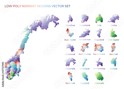 Norwegian low poly regions. Polygonal map of Norway with regions. Geometric maps for your design. Modern vector illustration.