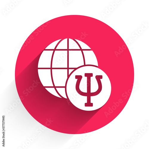 White Psychology icon isolated with long shadow. Psi symbol. Mental health concept, psychoanalysis analysis and psychotherapy. Red circle button. Vector.