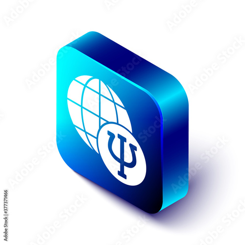Isometric Psychology icon isolated on white background. Psi symbol. Mental health concept, psychoanalysis analysis and psychotherapy. Blue square button. Vector.