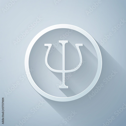 Paper cut Psychology icon isolated on grey background. Psi symbol. Mental health concept, psychoanalysis analysis and psychotherapy. Paper art style. Vector.
