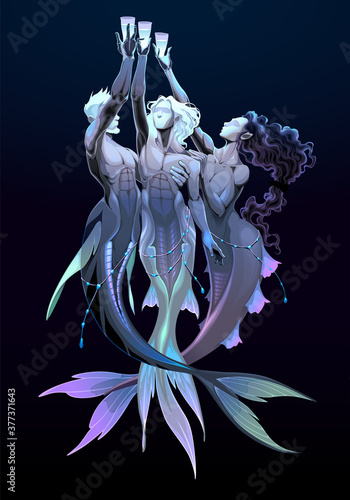 Three of cups, tarot card. Group of mermaids. Vector fantasy illustration
 photo