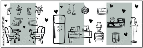 Furniture set. Armchairs and sideboards, dressers and shelves, refrigerator and lamps, floor lamp and chandeliers, flowers in pots. Home comfort. Isolated vector objects.