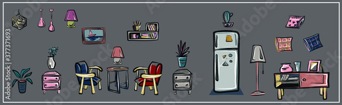 Furniture set. Armchairs and sideboards, dressers and shelves, refrigerator and lamps, floor lamp and chandeliers, flowers in pots. Home comfort. Isolated vector objects.