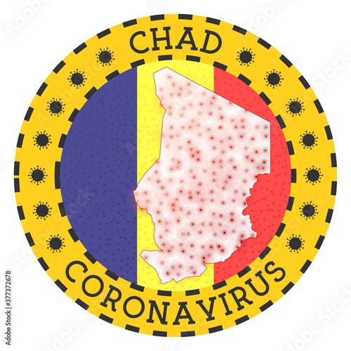 Coronavirus in Chad sign. Round badge with shape of Chad. Yellow country lockdown emblem with title and virus signs. Vector illustration.