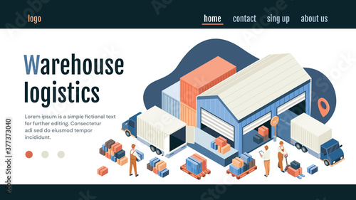 Warehouse logistics concept with delivery trucks parked at loading bays and staff moving boxes and packages for distribution, colored vector illustration. Web page template