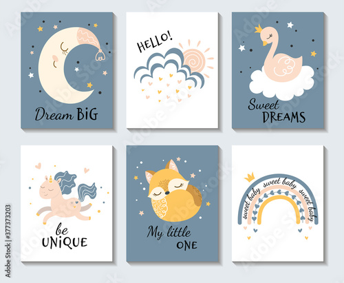 Set of cute pastel inspirational cartoon posters with the Moon, Owl, Sweet Dreams with bird, Be Unique with galloping horse, Hello with sun behind cloud and Sweet Baby, colored vector illustration