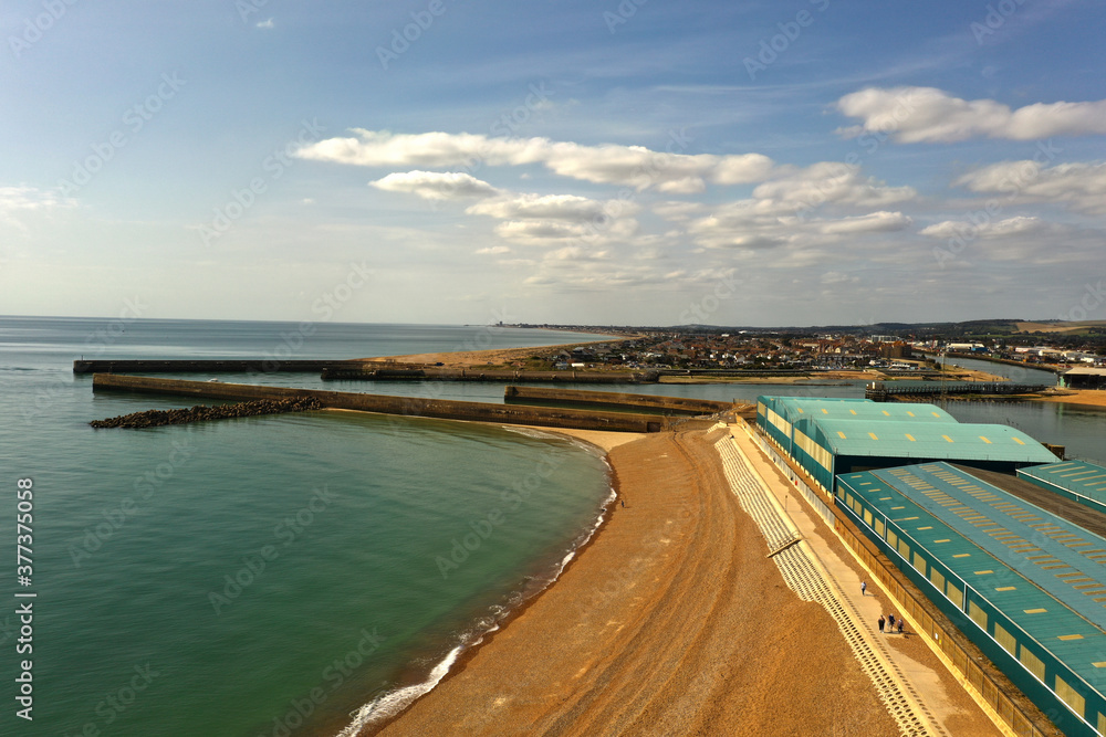 View of Southwick Beach looking towards the River Adur and Shoreham.