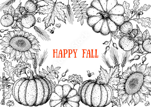 Autumn design template. Sketch design. Harvest festival. Hand drawn frame with fall leaves, pumpkin and sunflower. Vector illustration. Autumn bouquets.