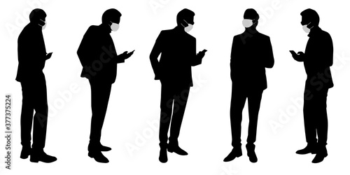 Vector concept conceptual  silhouette men working while social distancing as means of prevention and protection against coronavirus contamination. A metaphor for the new normal.