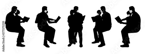 Vector concept conceptual  silhouette men spending time with children while social distancing as means of prevention and protection against coronavirus contamination. A metaphor for the new normal.