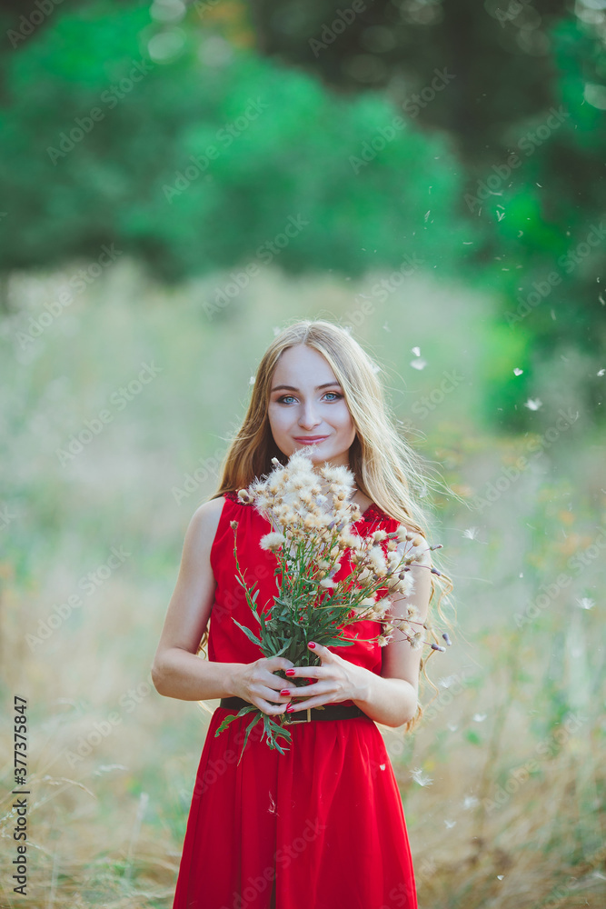 Portrait of a young beautiful girl in a red dress on the summer field outdoors Portrait of a young beautiful girl in a red dress on the summer field outdoors