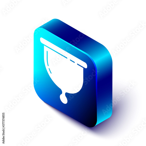 Isometric Menstrual cup icon isolated on white background. Feminine hygiene. Protection for woman in critical days. Blue square button. Vector.