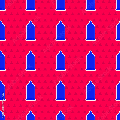 Blue Condom safe sex icon isolated seamless pattern on red background. Safe love symbol. Contraceptive method for male. Vector.