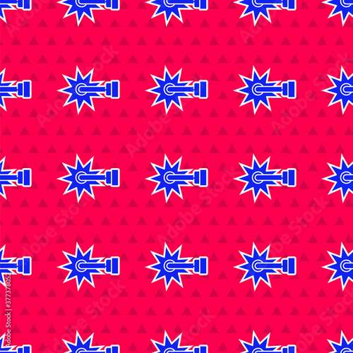 Blue Cowboy horse riding spur for boot icon isolated seamless pattern on red background. Vector.