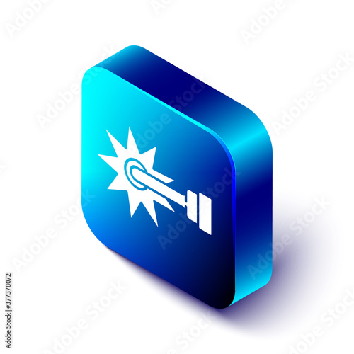 Isometric Cowboy horse riding spur for boot icon isolated on white background. Blue square button. Vector.