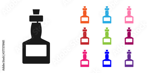 Black Tabasco sauce icon isolated on white background. Chili cayenne spicy pepper sauce. Set icons colorful. Vector.