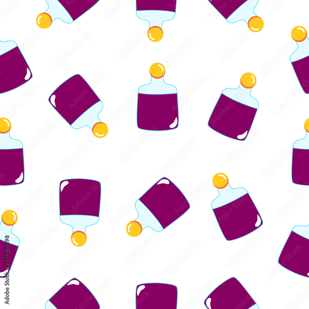 Seamless pattern with purple magic potion bottles on white background. Cartoon style. Fairy tale drink. Pharmacy and chemistry. Cosmetics and skin care. Medicine and health care. For packaging design Seamless pattern with purple magic potion bottles on white background. Cartoon style. Fairy tale drink. Pharmacy and chemistry. Cosmetics and skin care. Medicine and health care. For packaging design