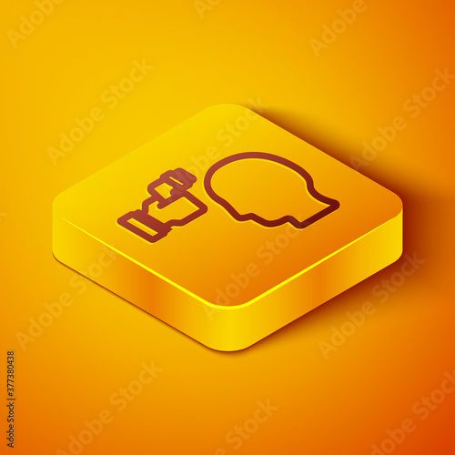 Isometric line Digital contactless thermometer with infrared light for medical examination icon isolated on orange background. Checking body temperature. Yellow square button. Vector.