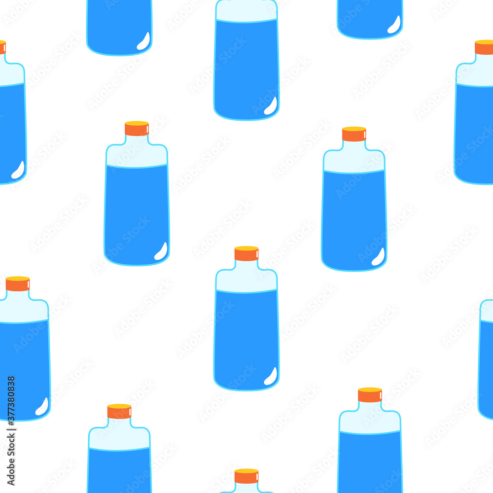 Seamless pattern with blue magic potion bottles on white background. Cartoon style. Fairy tale drink. Pharmacy and chemistry. Cosmetics and skin care. Medicine and health care. For packaging design Seamless pattern with blue magic potion bottles on white background. Cartoon style. Fairy tale drink. Pharmacy and chemistry. Cosmetics and skin care. Medicine and health care. For packaging design