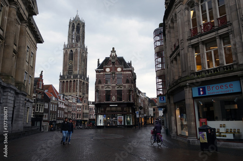 People are walking on the street in Utrecht city center old town