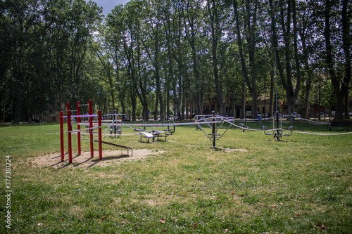 Workout machines in the park.