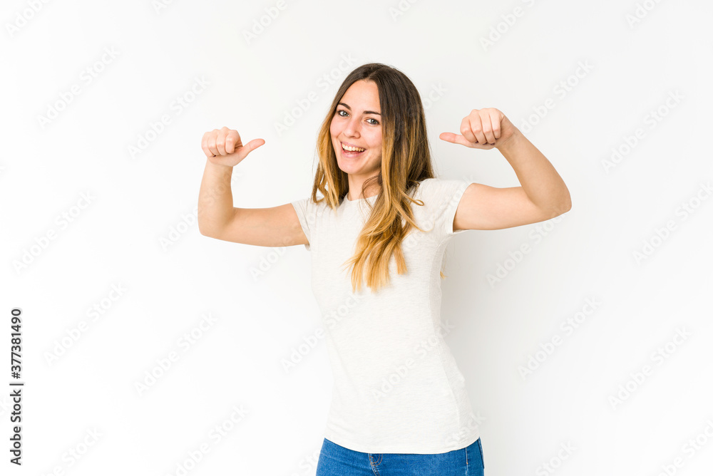 Young caucasian woman isolated on white background raising both thumbs up, smiling and confident. Young caucasian woman isolated on white background raising both thumbs up, smiling and confident.