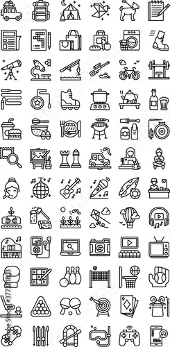 free time related camping tent, television, skating show, guitar, piano, boxing gloves, yoga woman, makeup, laptop, camera, golf, skating board, football, and video game, vector in lineal style,