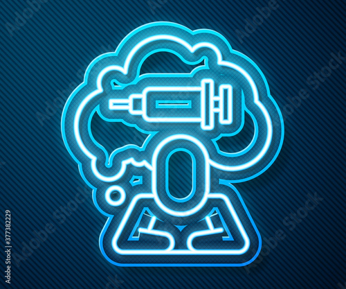 Glowing neon line Addiction to the drug icon isolated on blue background. Heroin, narcotic, addiction, illegal. Sick junkie with a syringe and medical pills. Vector.