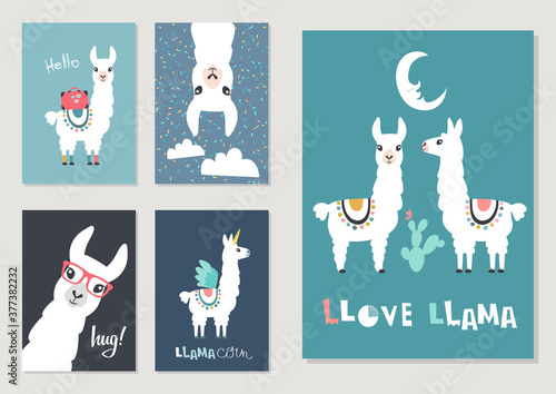 Llama, alpaca collection, cute illustration and design for nursery design, poster, birthday or greeting card. Vector set