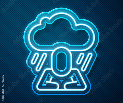 Glowing neon line Depression and frustration icon isolated on blue background. Man in depressive state of mind. Mental health problems. Vector.