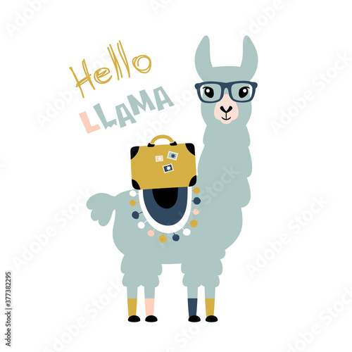 Llama Alpaca. Hello card. Vector illustration