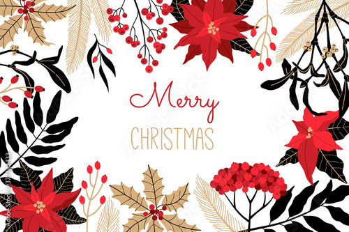 Christmas horizontal greeting card with Scandinavian red, gold and black plants, holly symbol. Poinsettia, rowan berry and laurel leaves in flat, style, modern poster on isolated white background.