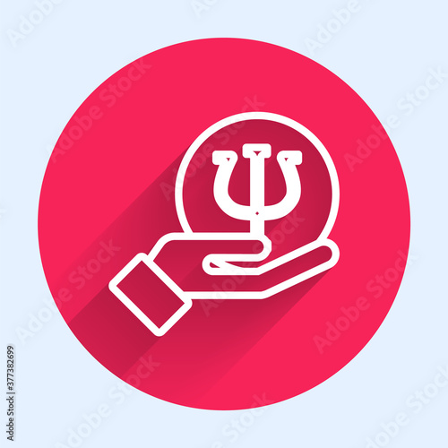 White line Psychology icon isolated with long shadow. Psi symbol. Mental health concept, psychoanalysis analysis and psychotherapy. Red circle button. Vector.