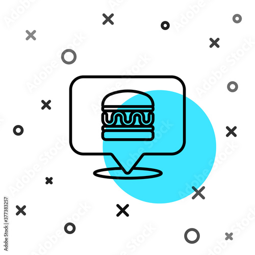 Black line Online ordering and burger delivery icon isolated on white background. Random dynamic shapes. Vector.