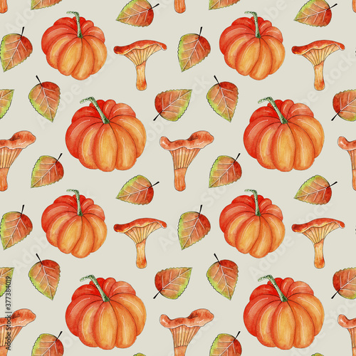 Fototapeta Naklejka Na Ścianę i Meble -  Seamless watercolor pattern design: pumpkins, mushrooms and autumn fall leaves, thanksgiving background.