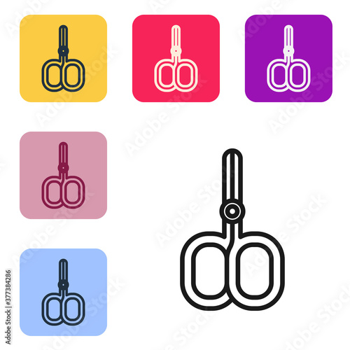 Black line Nail scissors cuticle cut beauty salon icon isolated on white background. Cosmetic scissors for manicure. Set icons in color square buttons. Vector.
