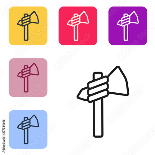 Black line Native american tomahawk axe icon isolated on white background. Set icons in color square buttons. Vector.