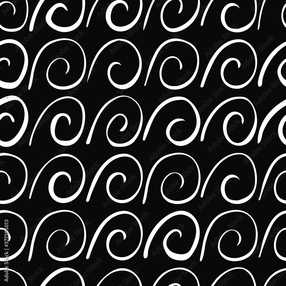Spirals. Vector seamless pattern. Handdrawn with brush and traced. Black and white, customized color. For printing on fabric or paper. Simple abstract graphic surface pattern design.
Spirals. Vector seamless pattern. Handdrawn with brush and traced. Black and white, customized color. For printing on fabric or paper. Simple abstract graphic surface pattern design.