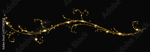 Glowing fire branch of swirls or curls with sparkles on black background