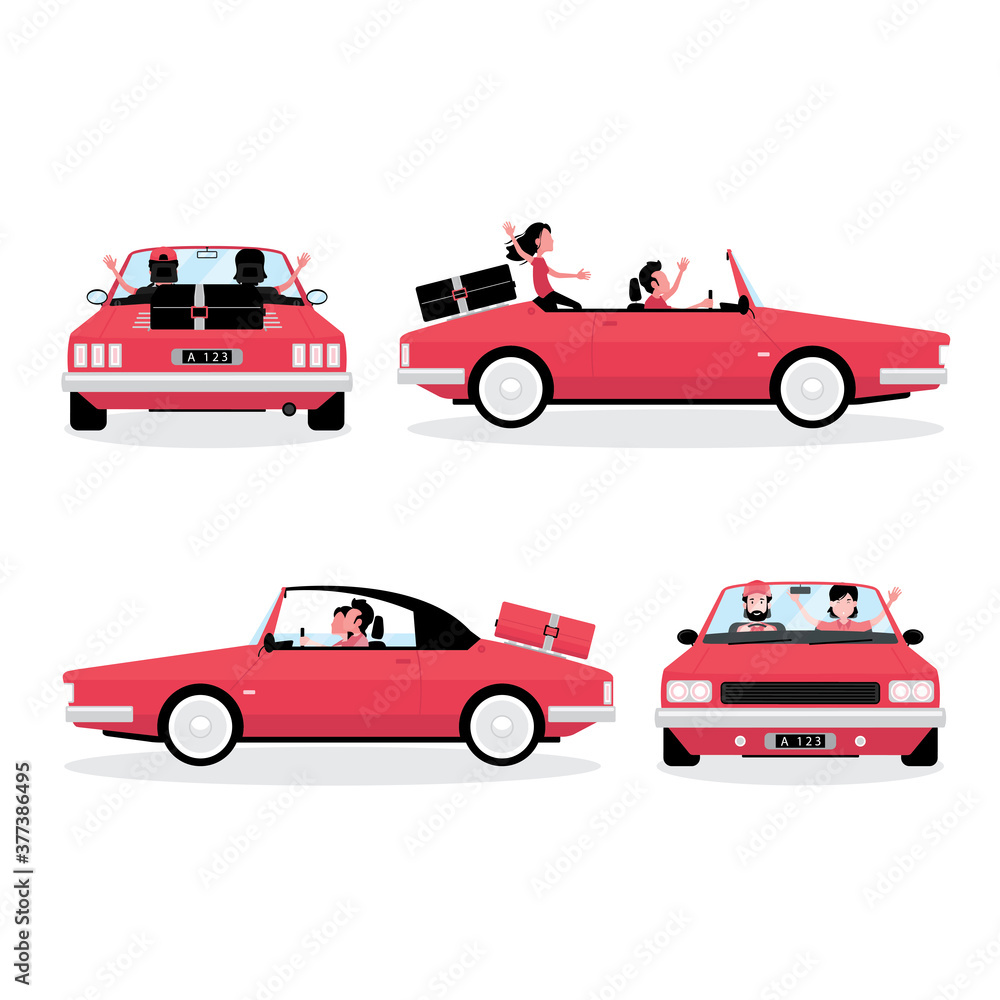 Naklejka premium A cartoon showing traveling by car feature a set of four cars with people driving
