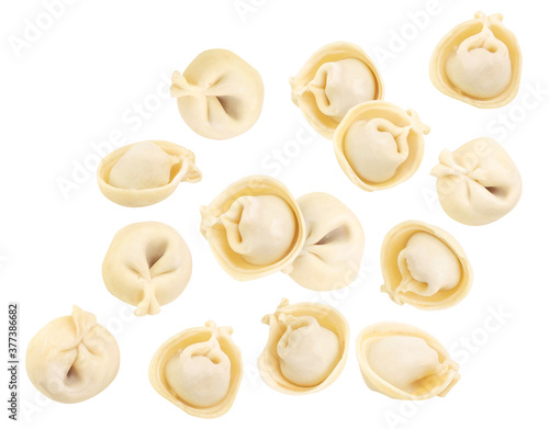 Dumplings fly, fall on a white background. Isolated