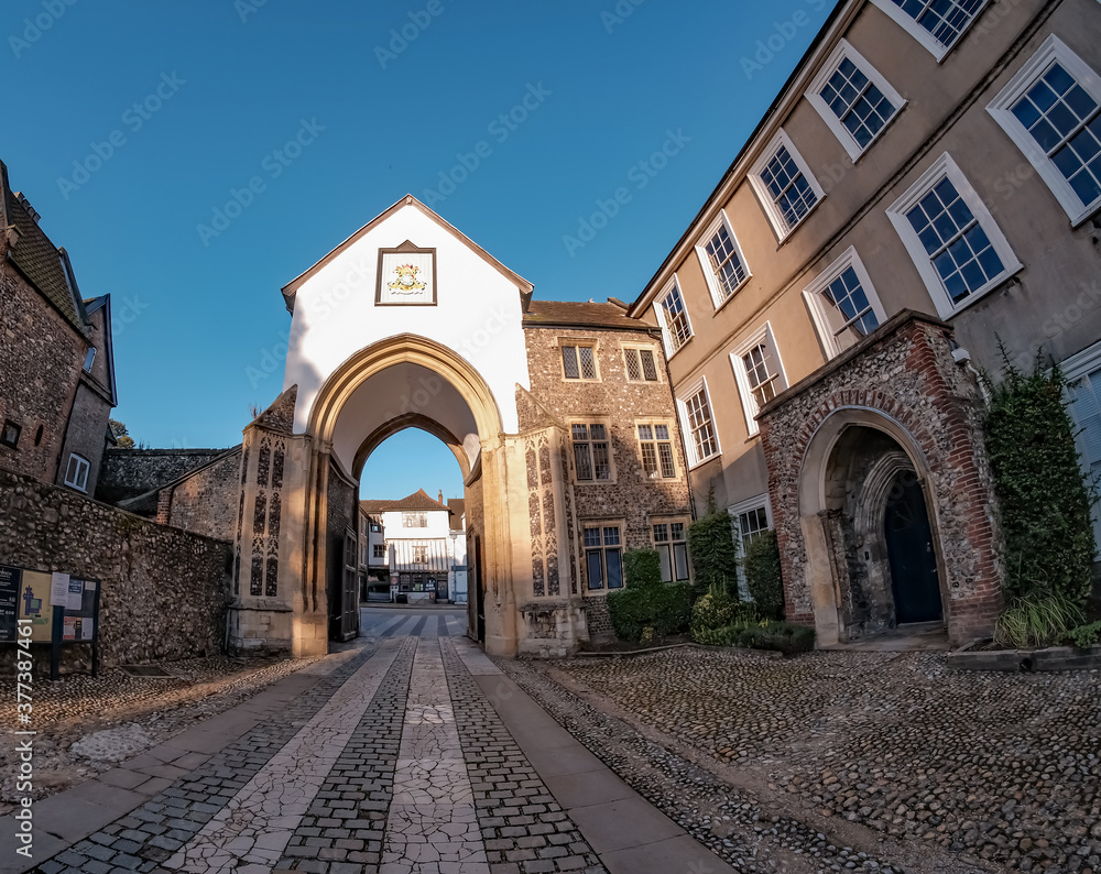 WIde angle fisheye shot of the rear of Erpingham Gate in the city of Norwich, Norfolk