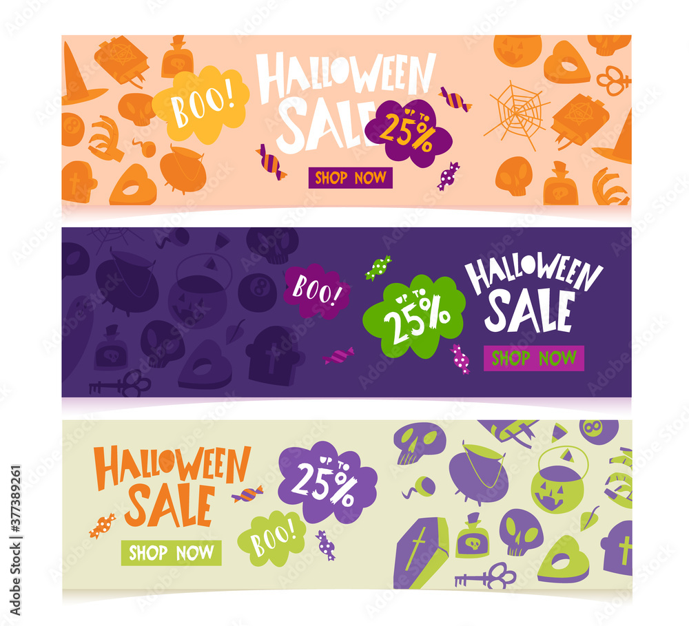 Horizontal Halloween sale banner templates with traditional holiday character and decoration