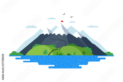 High mountain with green hills forest and blue lake nature landscape flat vector illustration. Climbers route trail to rock top and red flag on peak