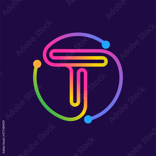 Letter T logo made of circle shape circuit.